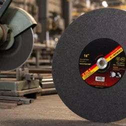 14 inch cutting disc, 350mm metal cut-off wheel mounted on a chop saw with steel profiles in the background, OEM supplier product photo
